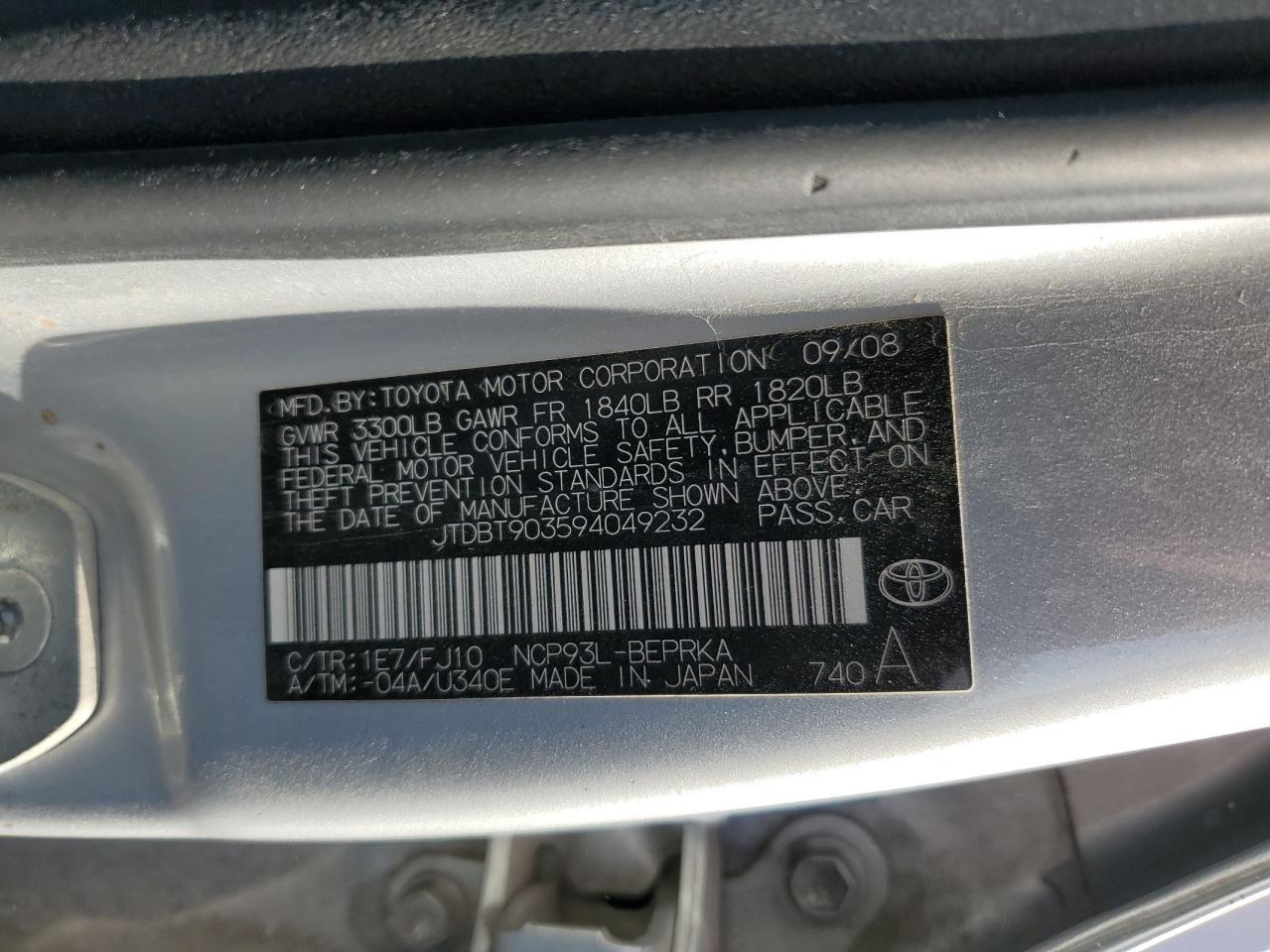 2009 Toyota Yaris VIN: JTDBT903594049232 Lot: 77784843