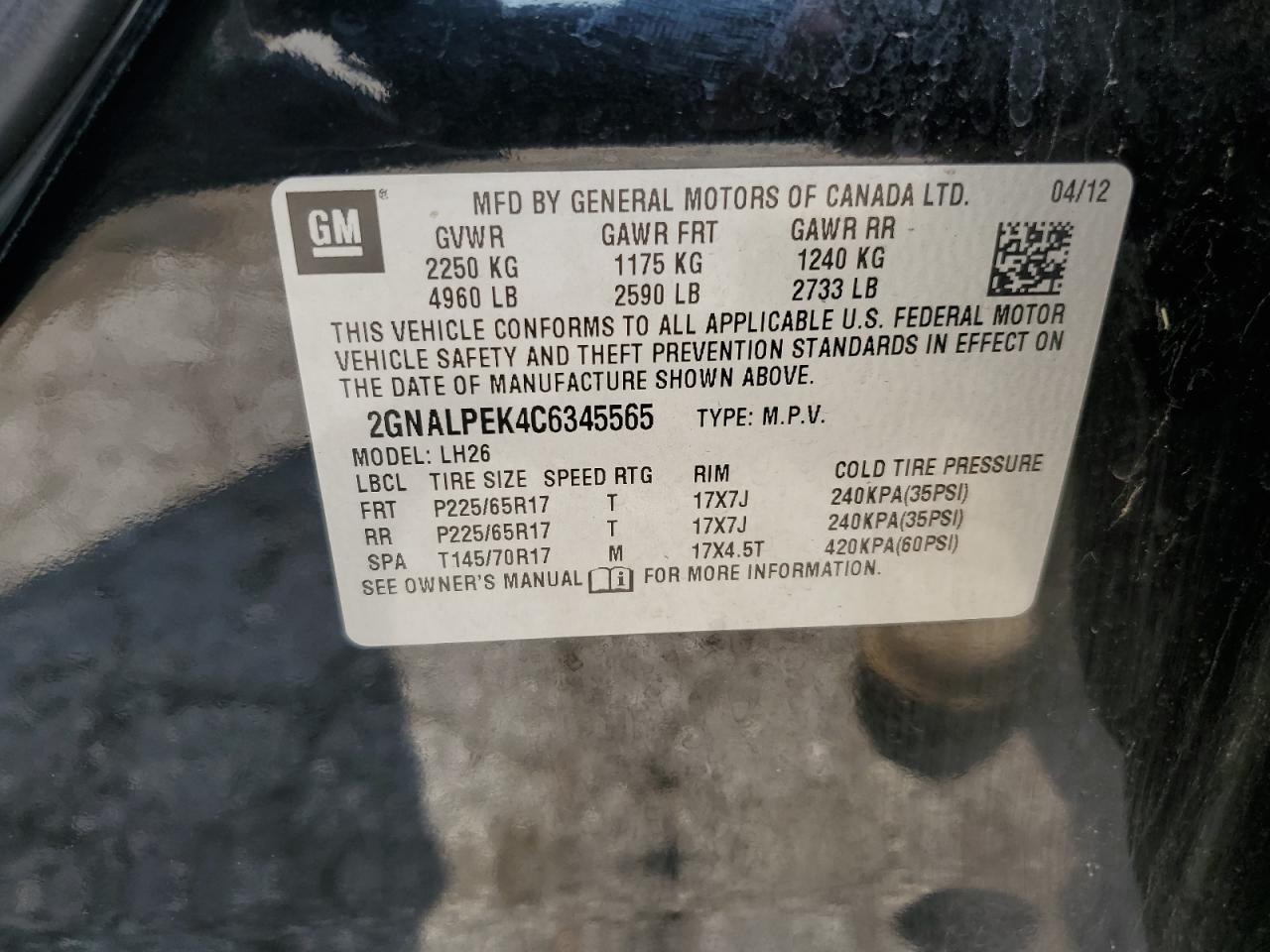 2012 Chevrolet Equinox Lt VIN: 2GNALPEK4C6345565 Lot: 61487433