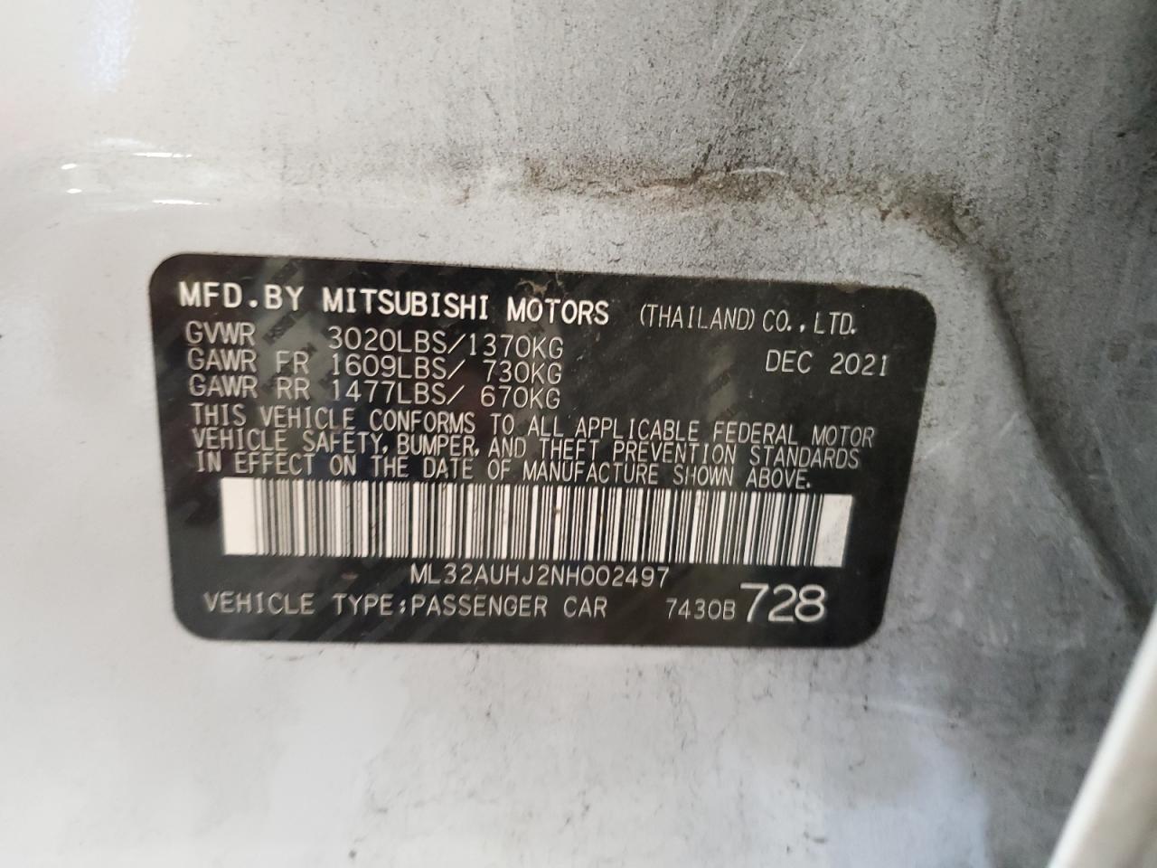 2022 Mitsubishi Mirage Es VIN: ML32AUHJ2NH002497 Lot: 61265663