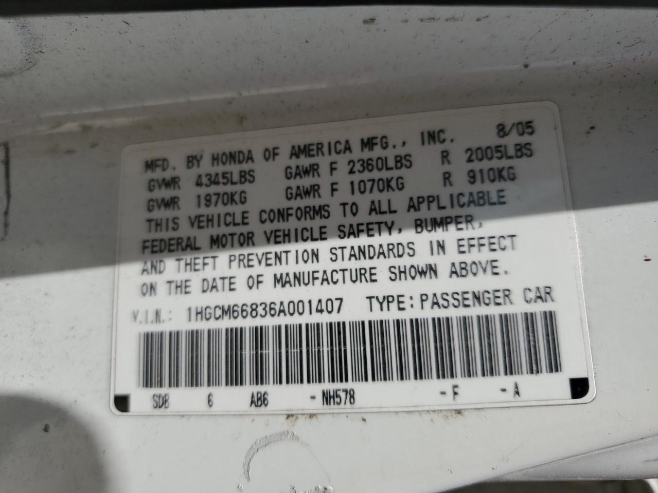 2006 Honda Accord Ex VIN: 1HGCM66836A001407 Lot: 57406264