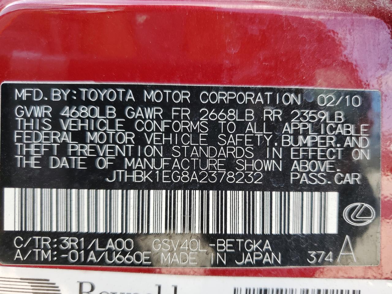 2010 Lexus Es 350 VIN: JTHBK1EG8A2378232 Lot: 61343274