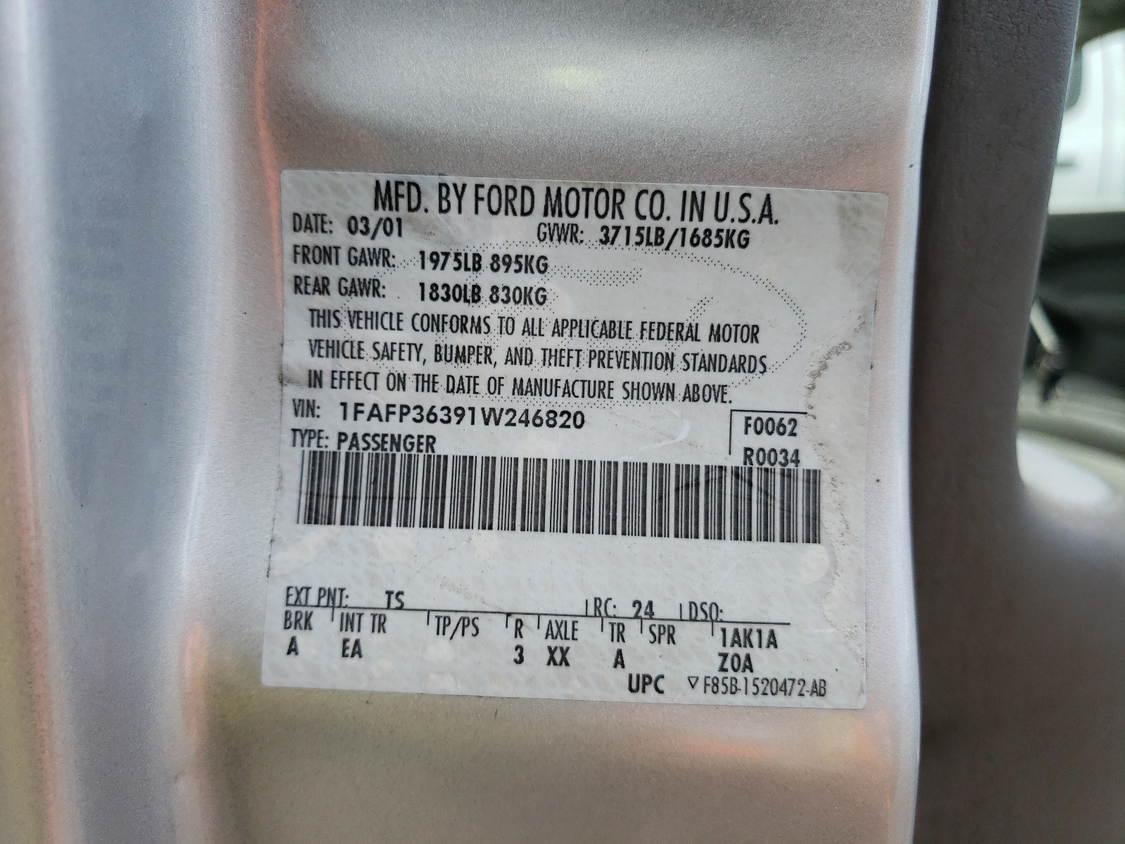 1FAFP36391W246820 2001 Ford Focus Se