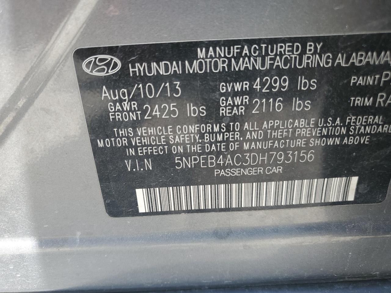 2013 Hyundai Sonata Gls VIN: 5NPEB4AC3DH793156 Lot: 56640293