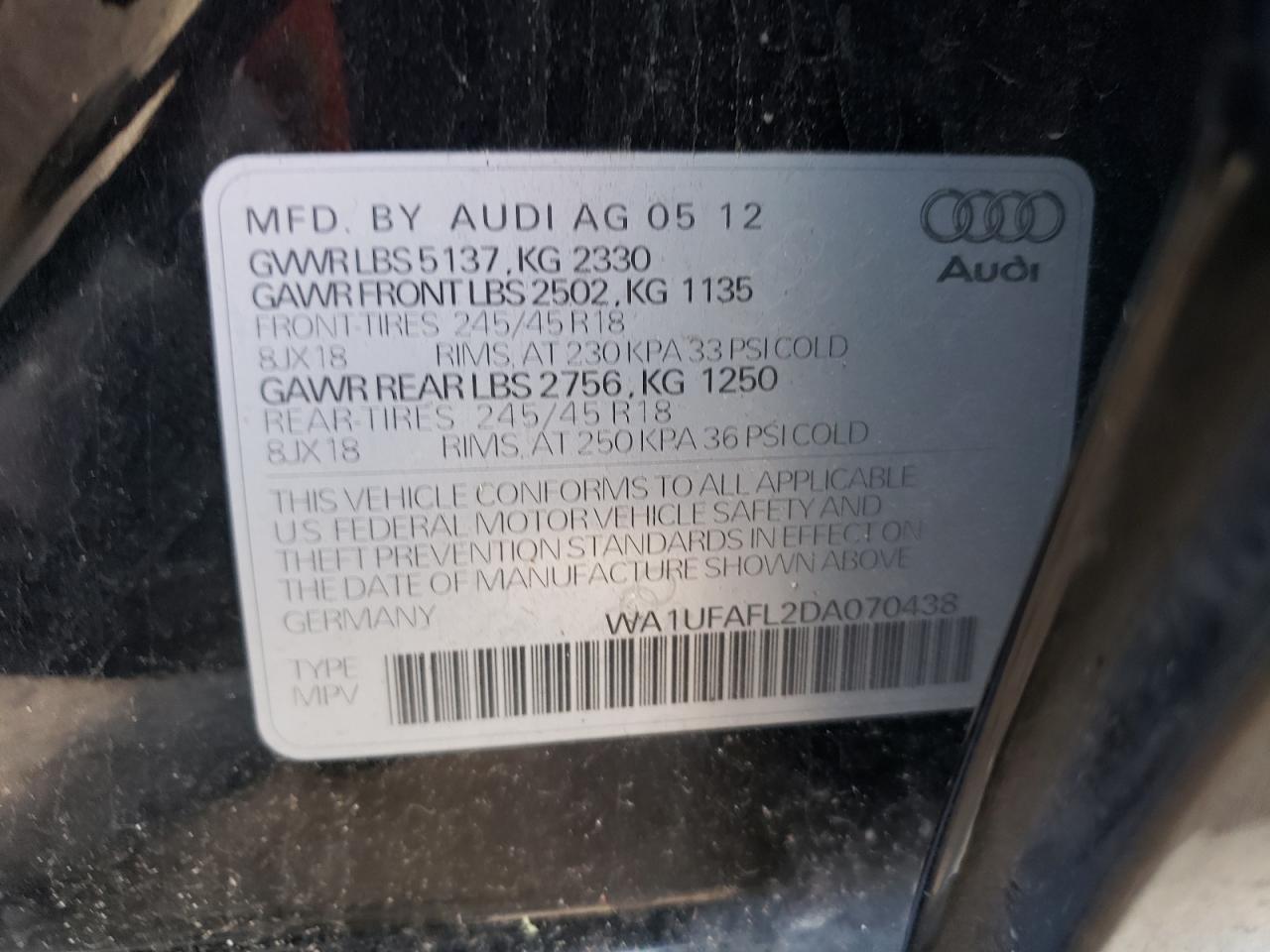 2013 Audi A4 Allroad Premium Plus VIN: WA1UFAFL2DA070438 Lot: 58755553