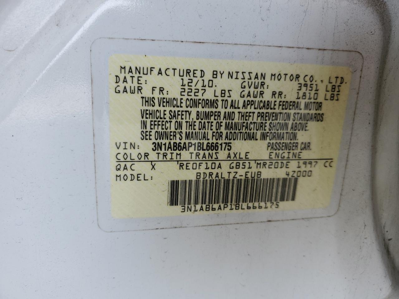 2011 Nissan Sentra 2.0 VIN: 3N1AB6AP1BL666175 Lot: 66010944