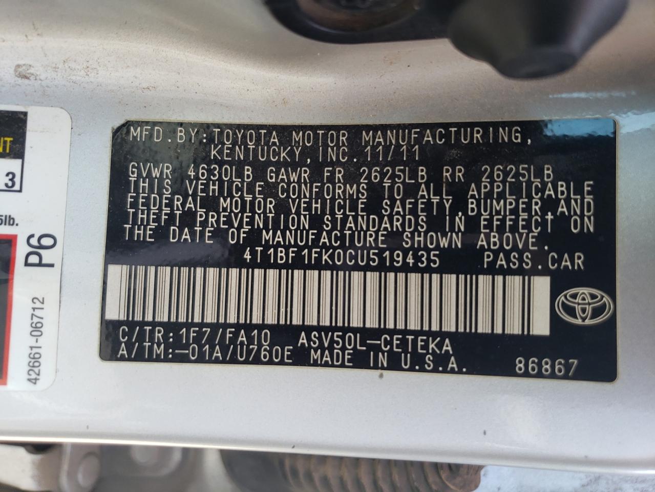 4T1BF1FK0CU519435 2012 Toyota Camry Base