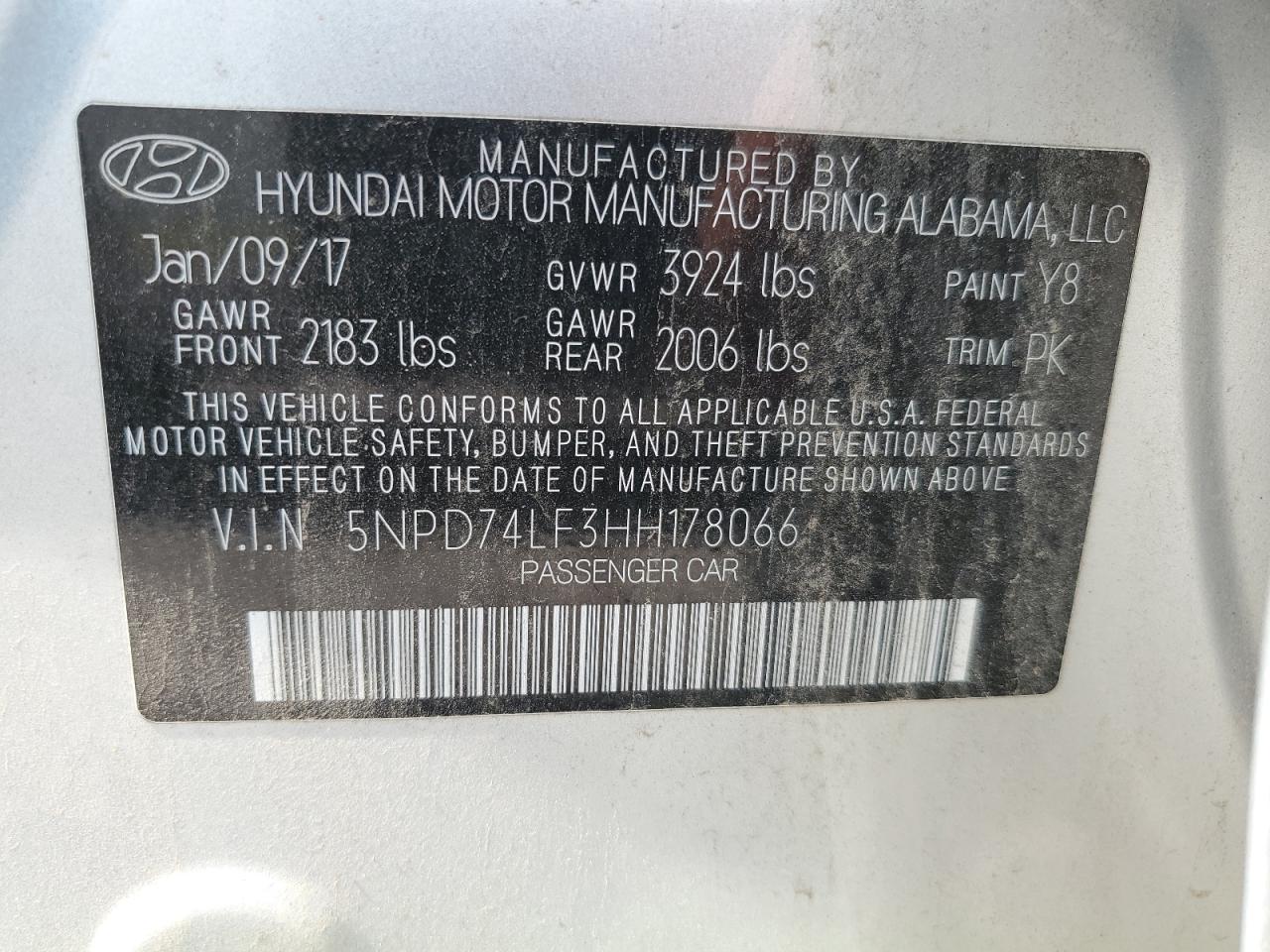 5NPD74LF3HH178066 2017 HYUNDAI ELANTRA - Image 12