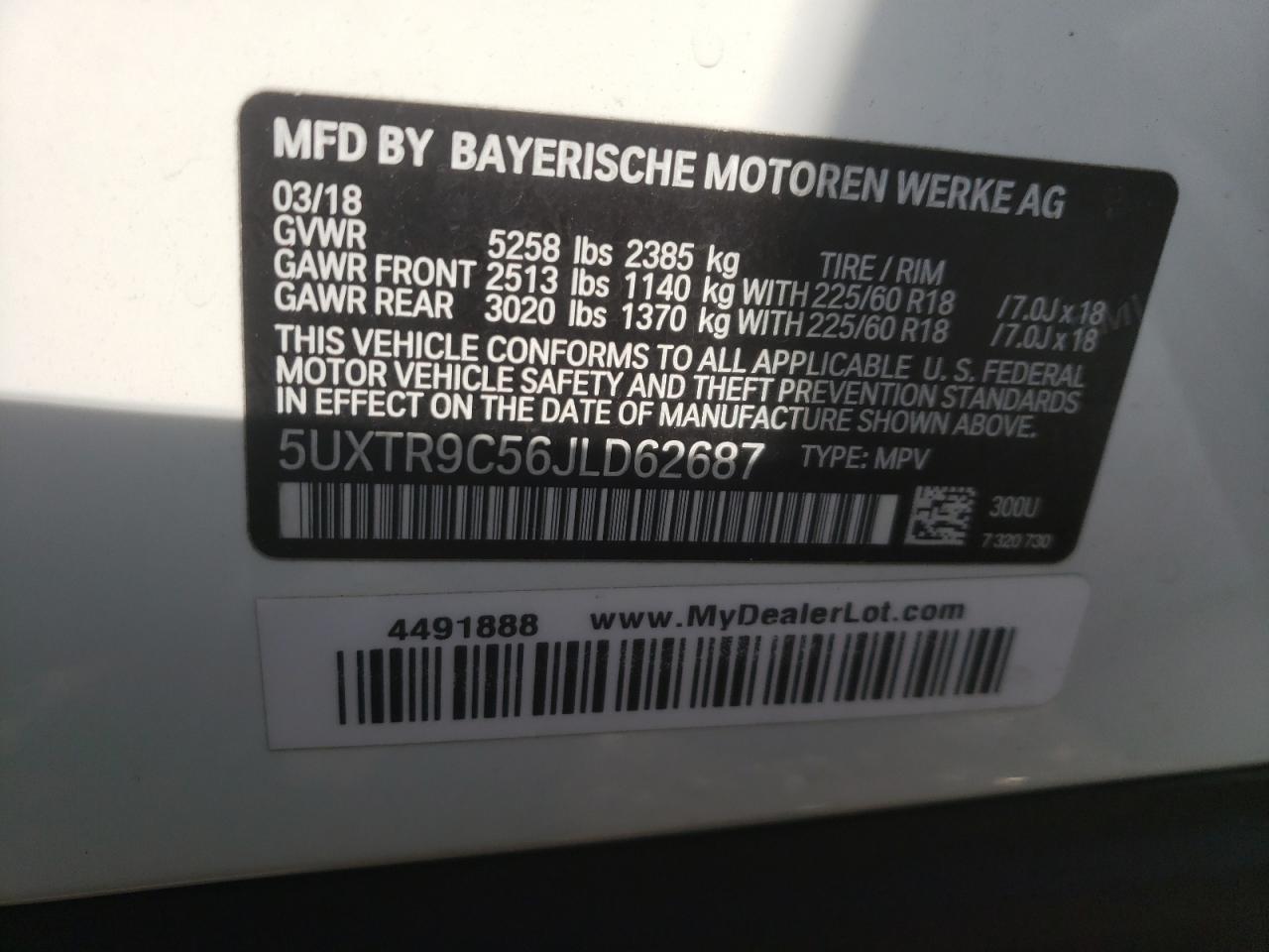 5UXTR9C56JLD62687 2018 BMW X3 xDrive30I