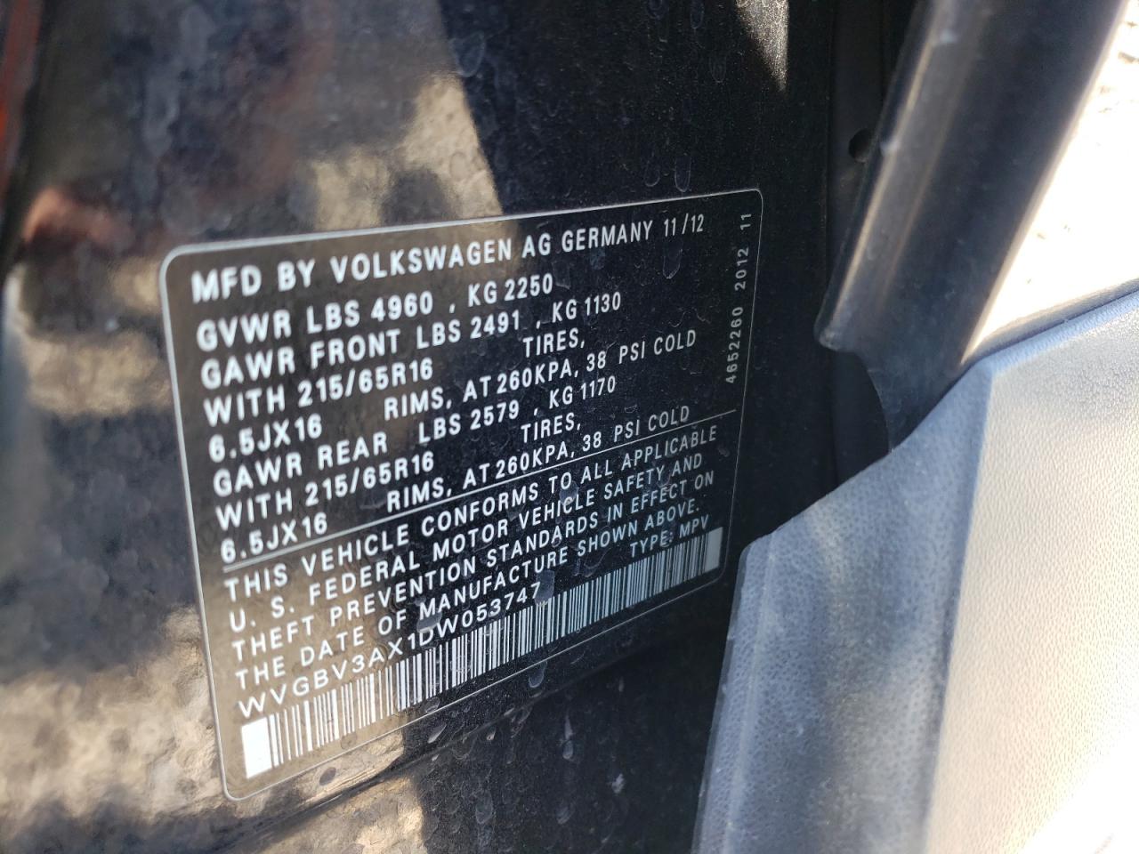 2013 Volkswagen Tiguan S VIN: WVGBV3AX1DW053747 Lot: 58218703