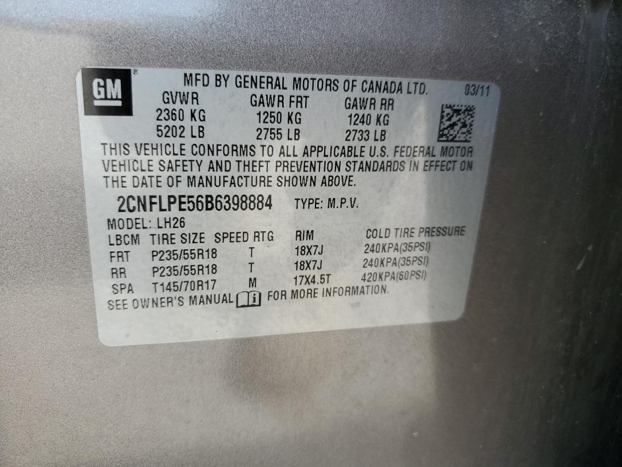 2CNFLPE56B6398884 2011 Chevrolet Equinox Lt