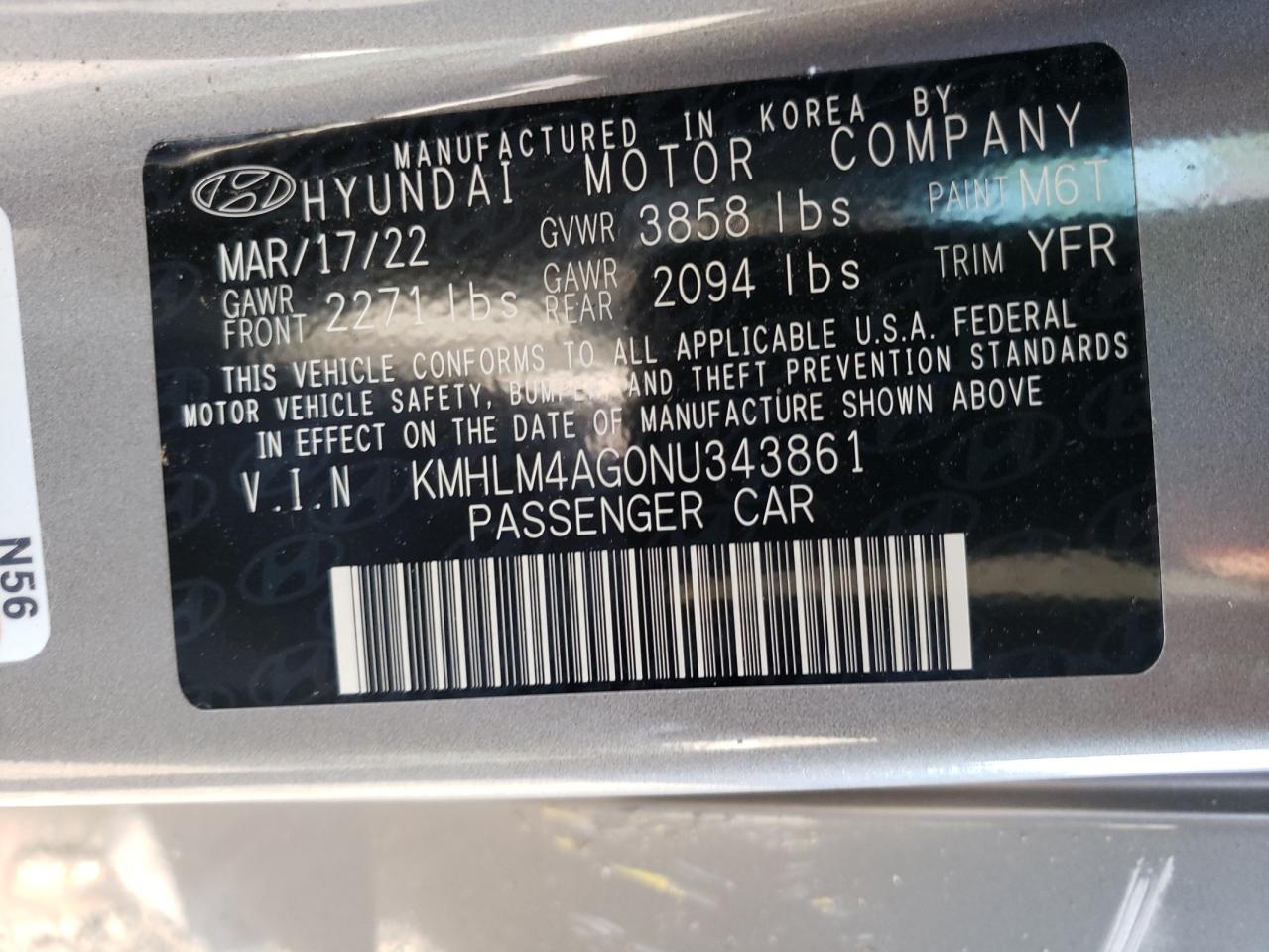 2022 Hyundai Elantra Sel VIN: KMHLM4AG0NU343861 Lot: 61383613