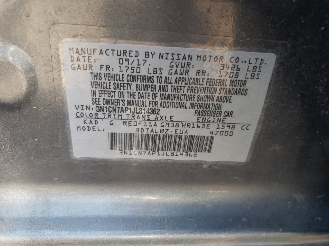 3N1CN7AP1JL814362 2018 Nissan Versa S