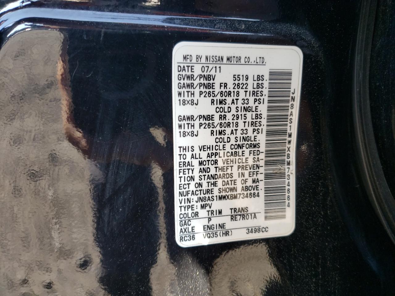 2011 Infiniti Fx35 VIN: JN8AS1MWXBM734664 Lot: 65710394