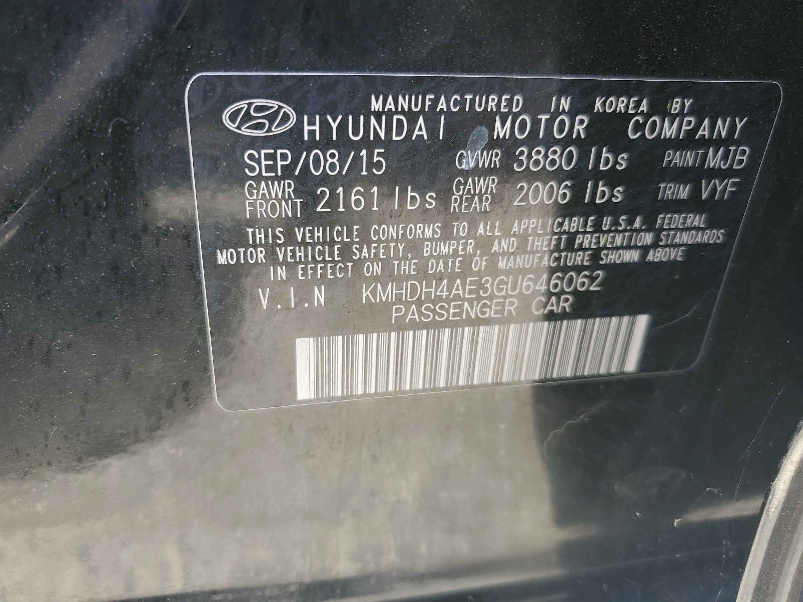 KMHDH4AE3GU646062 2016 Hyundai Elantra Se