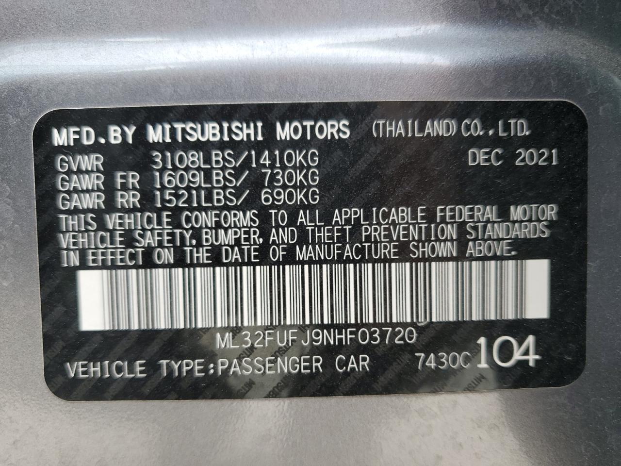 2022 Mitsubishi Mirage G4 Es VIN: ML32FUFJ9NHF03720 Lot: 58786713