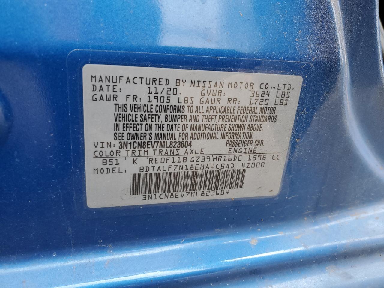 2021 Nissan Versa Sv VIN: 3N1CN8EV7ML823604 Lot: 60963173