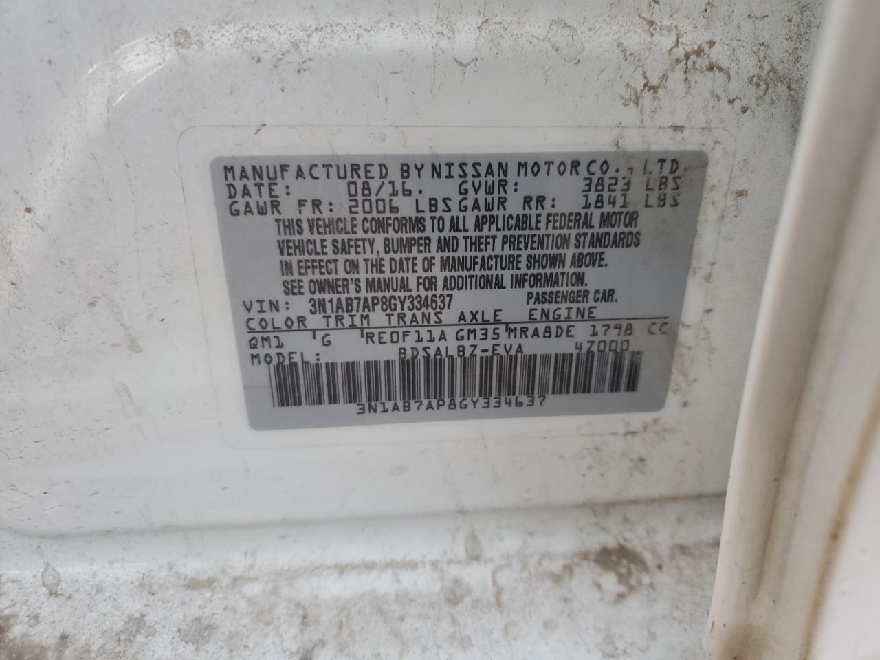 2016 Nissan Sentra S VIN: 3N1AB7AP8GY334637 Lot: 80683573