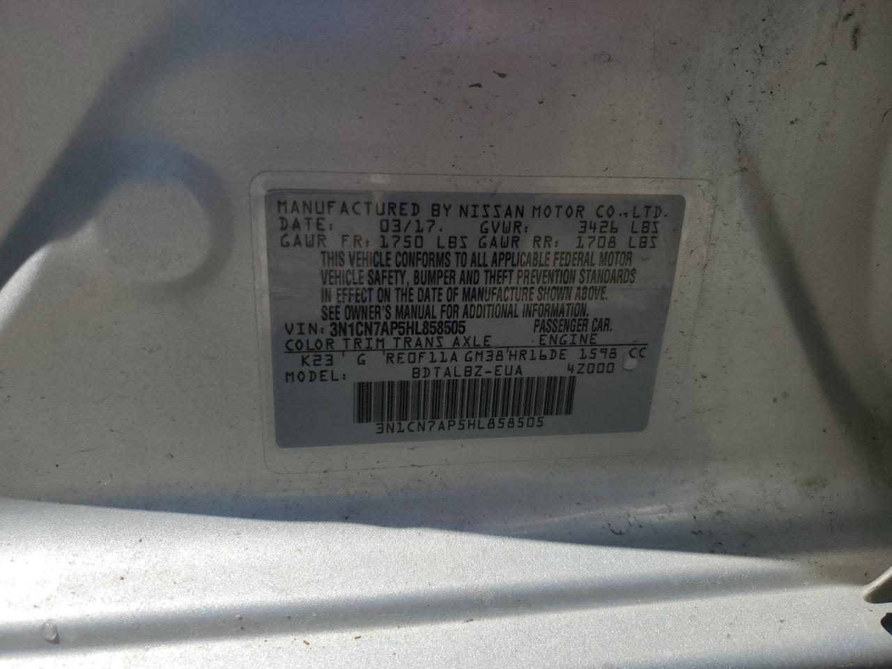 3N1CN7AP5HL858505 2017 Nissan Versa S