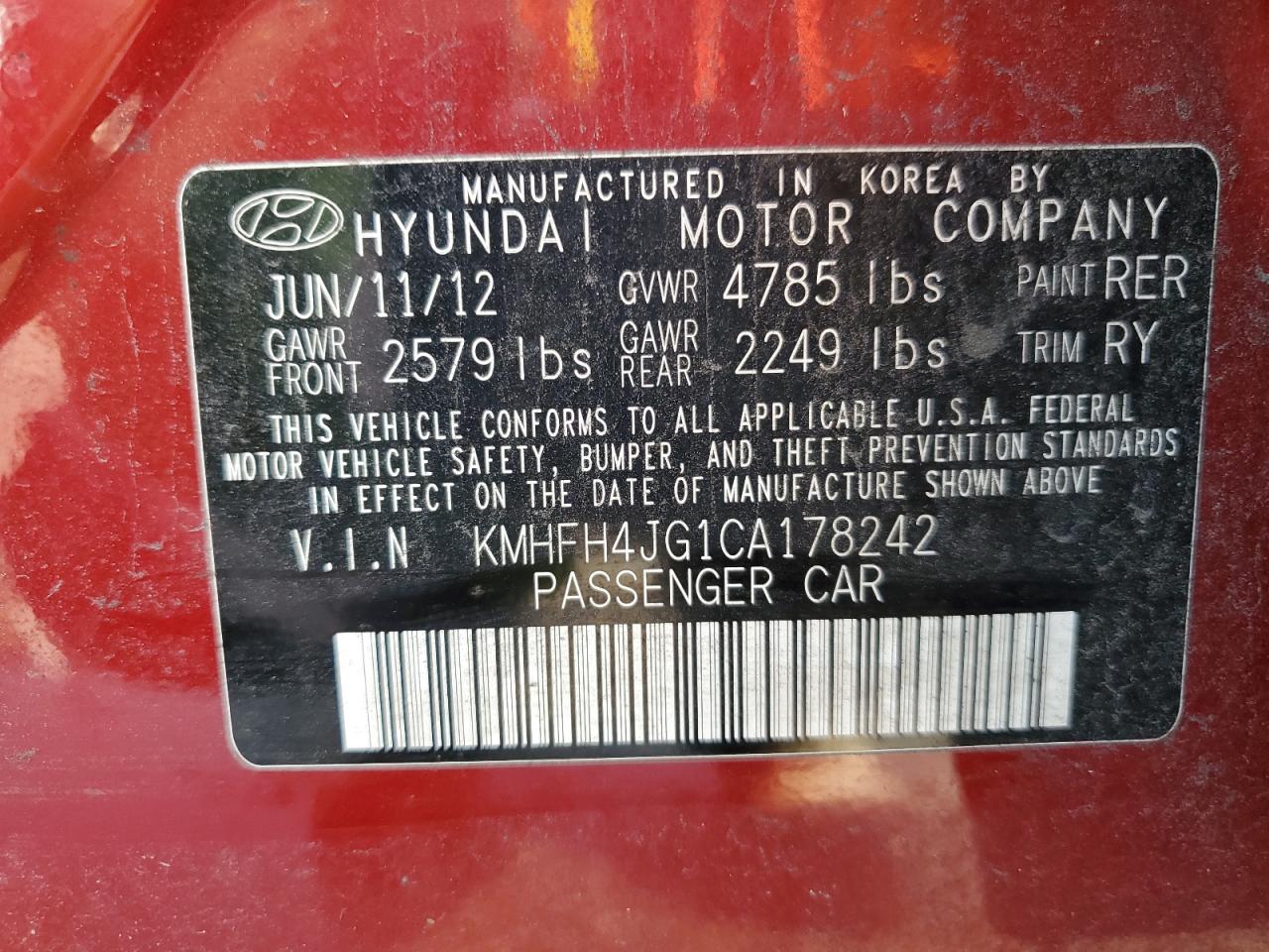 2012 Hyundai Azera Gls VIN: KMHFH4JG1CA178242 Lot: 74454364