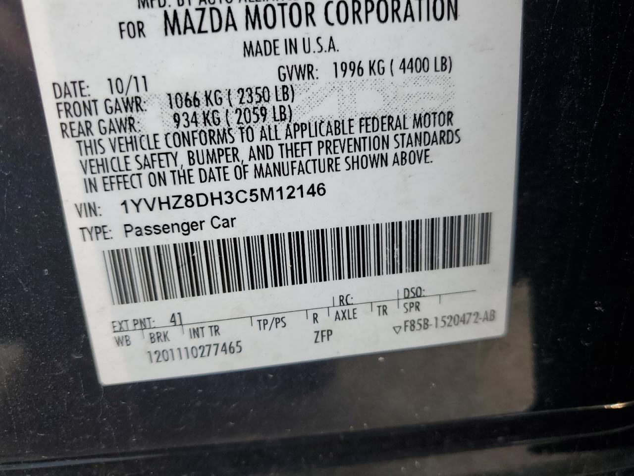 1YVHZ8DH3C5M12146 2012 Mazda 6 I