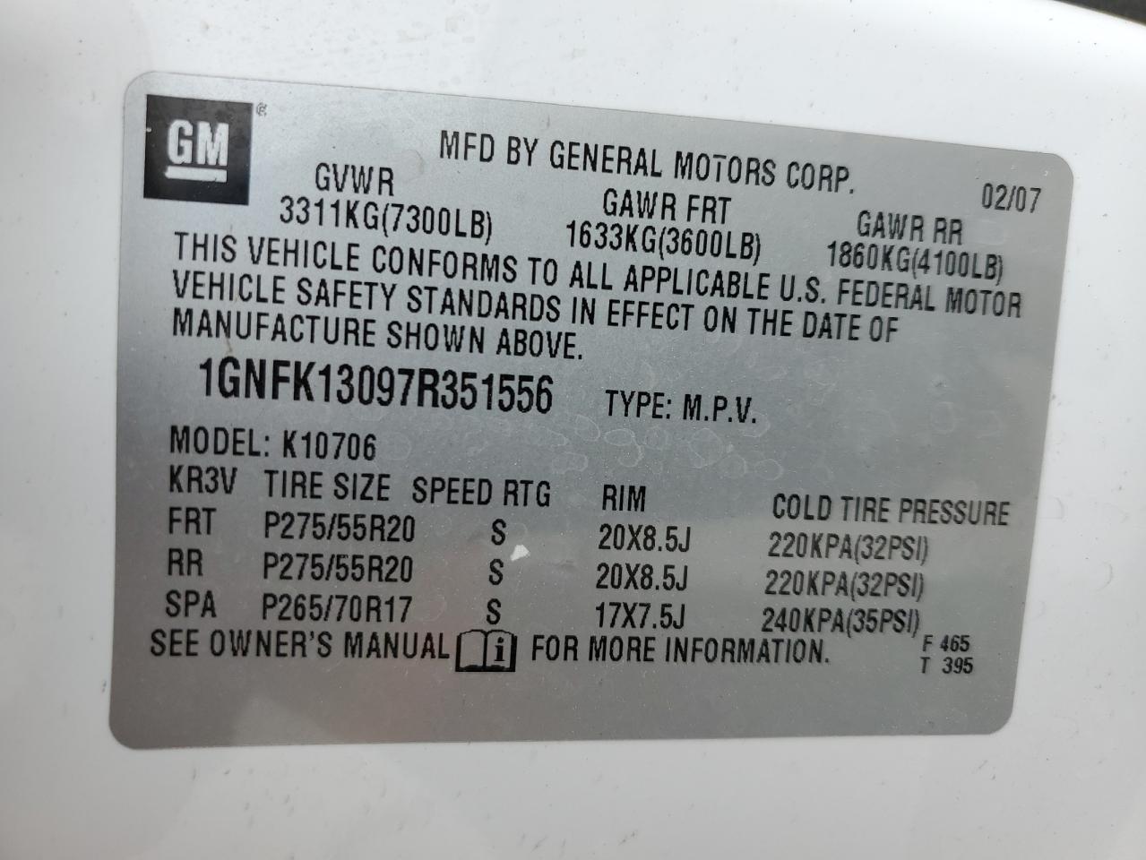 2007 Chevrolet Tahoe K1500 VIN: 1GNFK13097R351556 Lot: 58104583