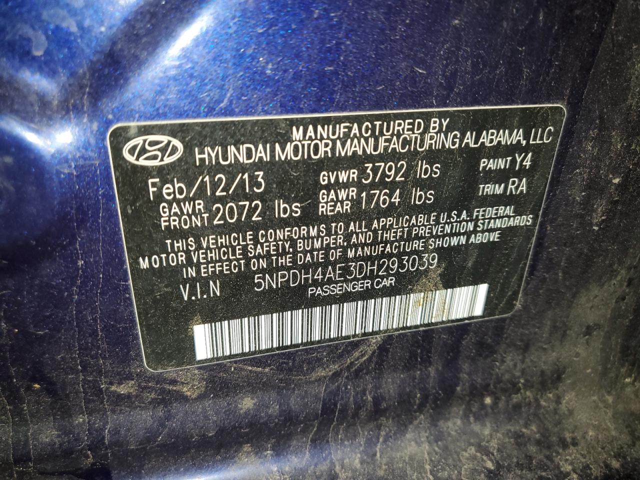 2013 Hyundai Elantra Gls VIN: 5NPDH4AE3DH293039 Lot: 67998664