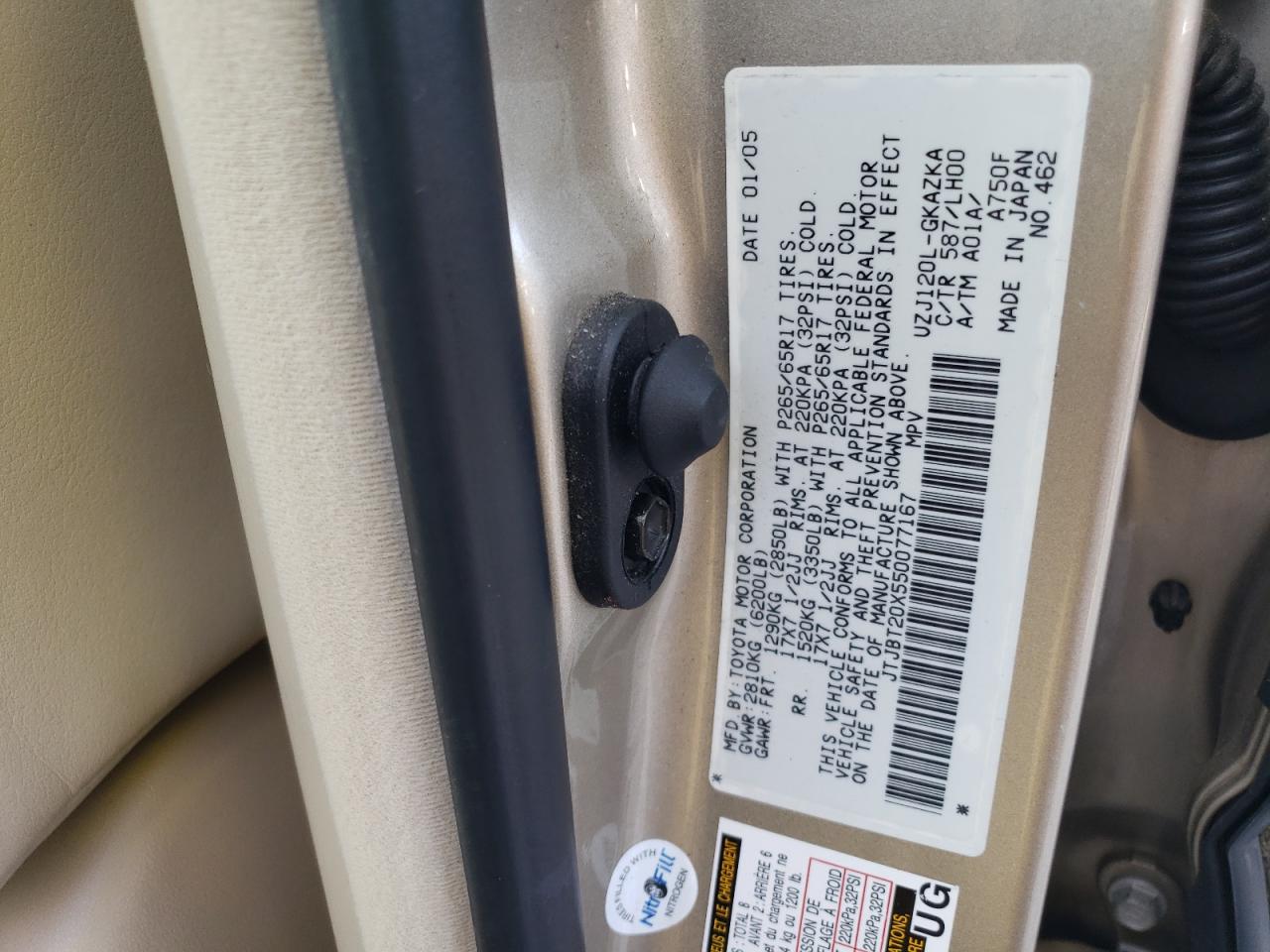 2005 Lexus Gx 470 VIN: JTJBT20X550077167 Lot: 61408533