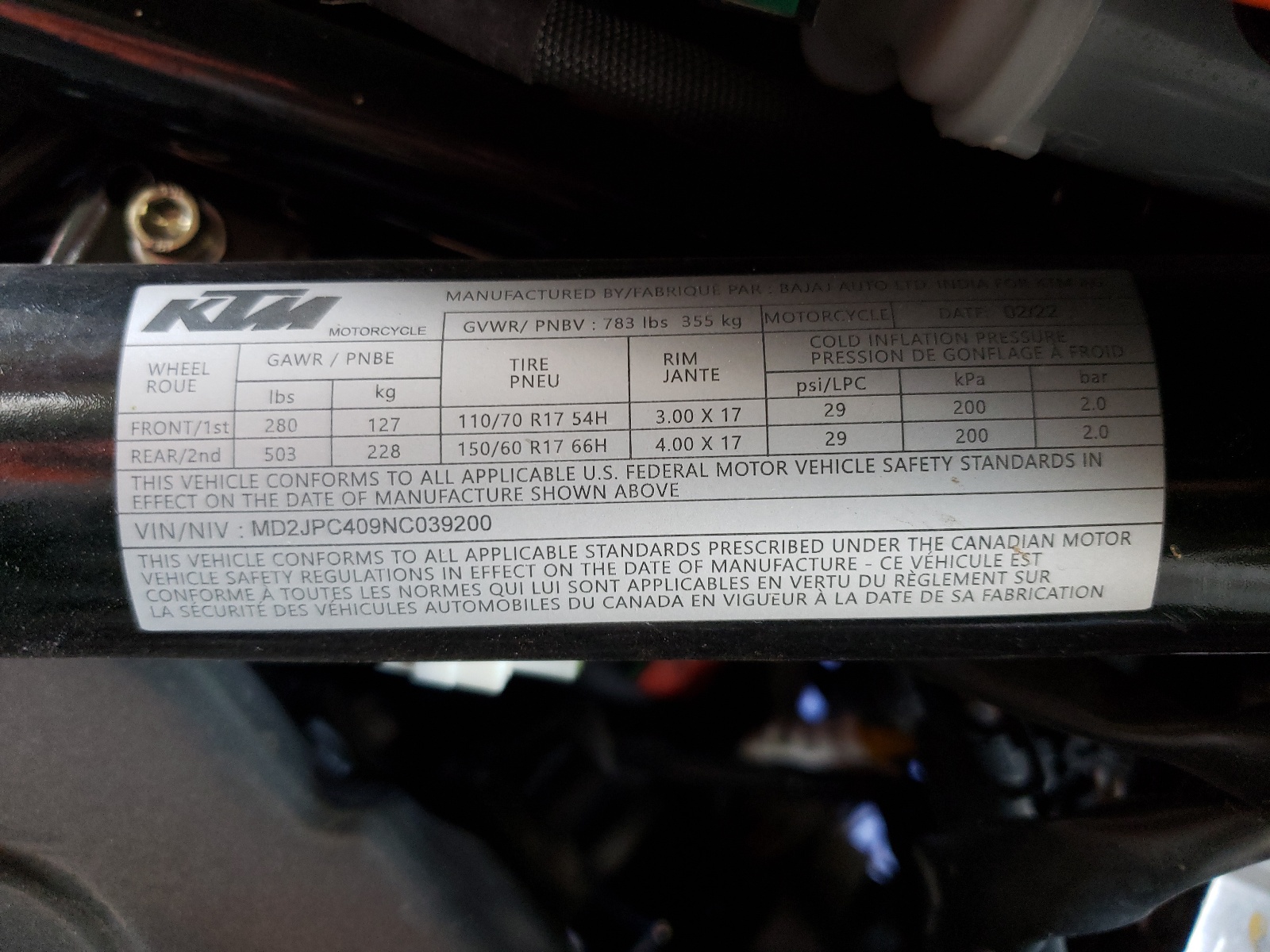 MD2JPC409NC039200 2022 Ktm 200 Duke