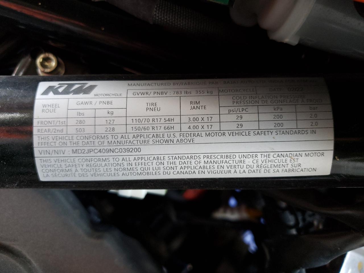 2022 Ktm 200 Duke VIN: MD2JPC409NC039200 Lot: 61519423