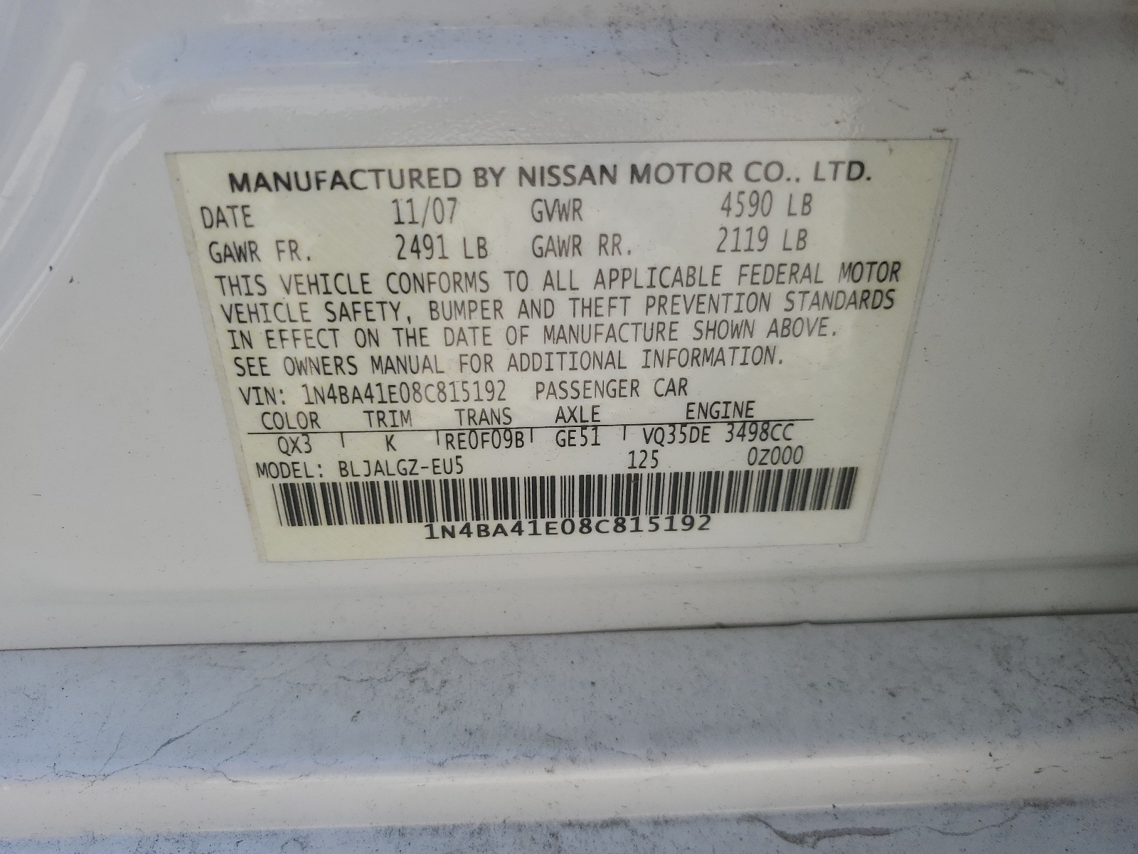 1N4BA41E08C815192 2008 Nissan Maxima Se