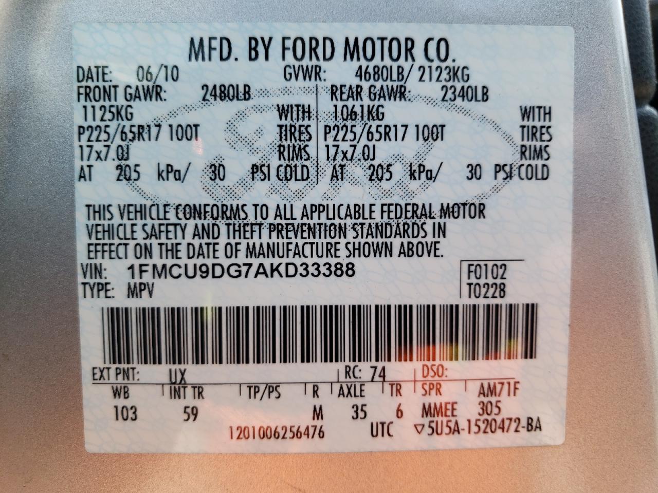 1FMCU9DG7AKD33388 2010 Ford Escape Xlt