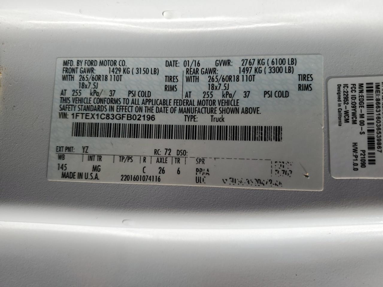 2016 Ford F150 Super Cab VIN: 1FTEX1C83GFB02196 Lot: 64278884