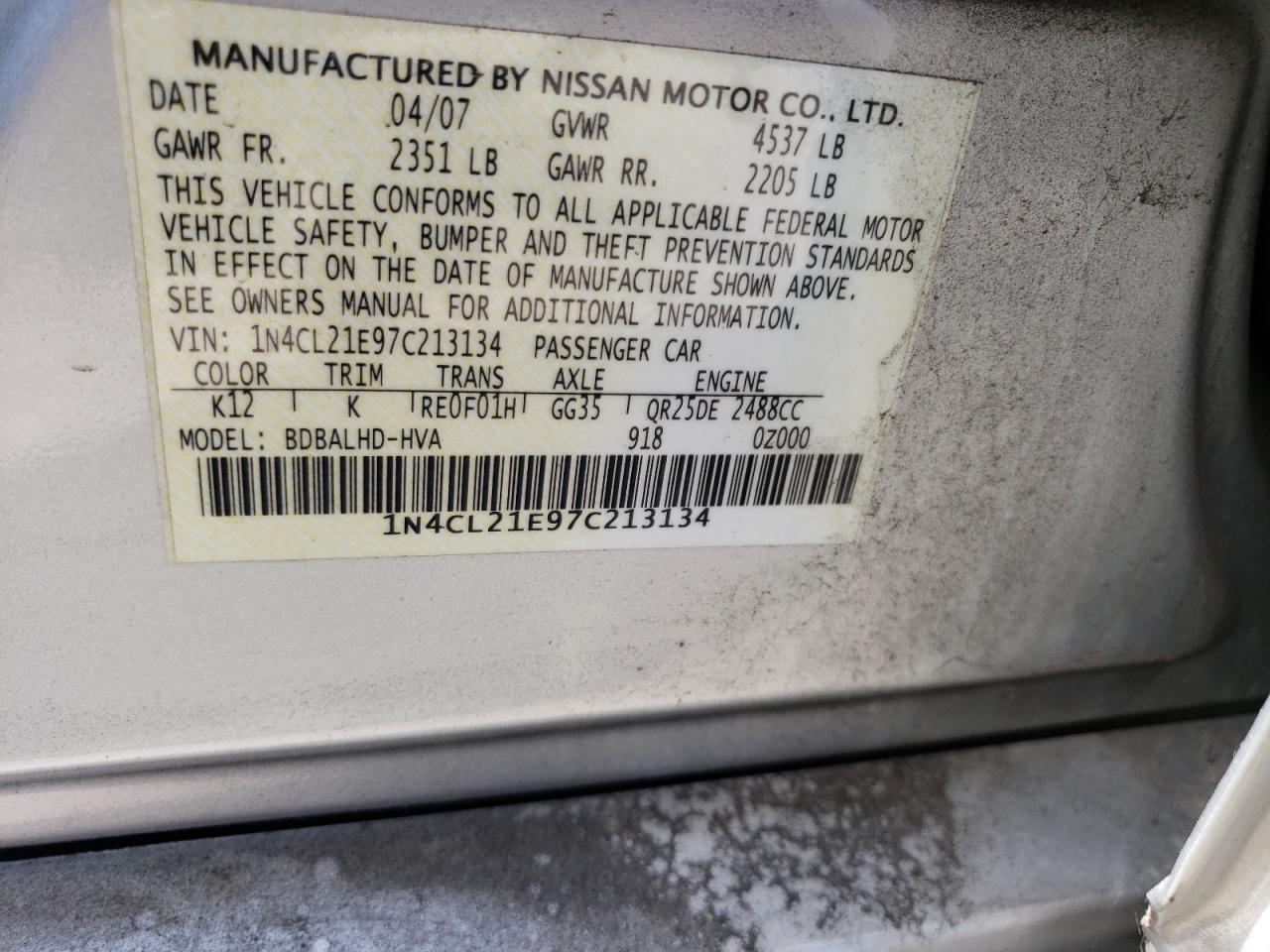 1N4CL21E97C213134 2007 Nissan Altima Hybrid