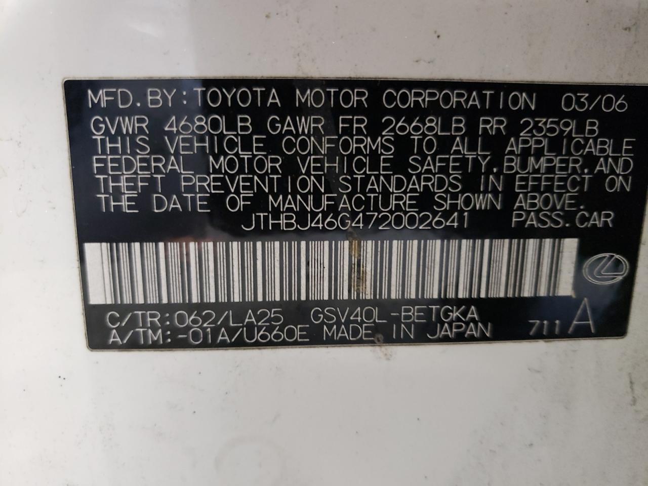 2007 Lexus Es 350 VIN: JTHBJ46G472002641 Lot: 58051533