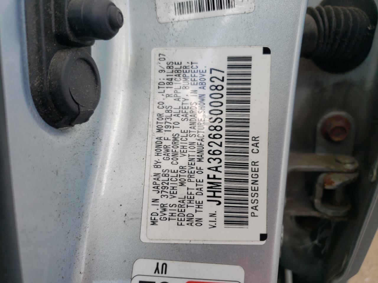 2008 Honda Civic Hybrid VIN: JHMFA36268S000827 Lot: 41591624