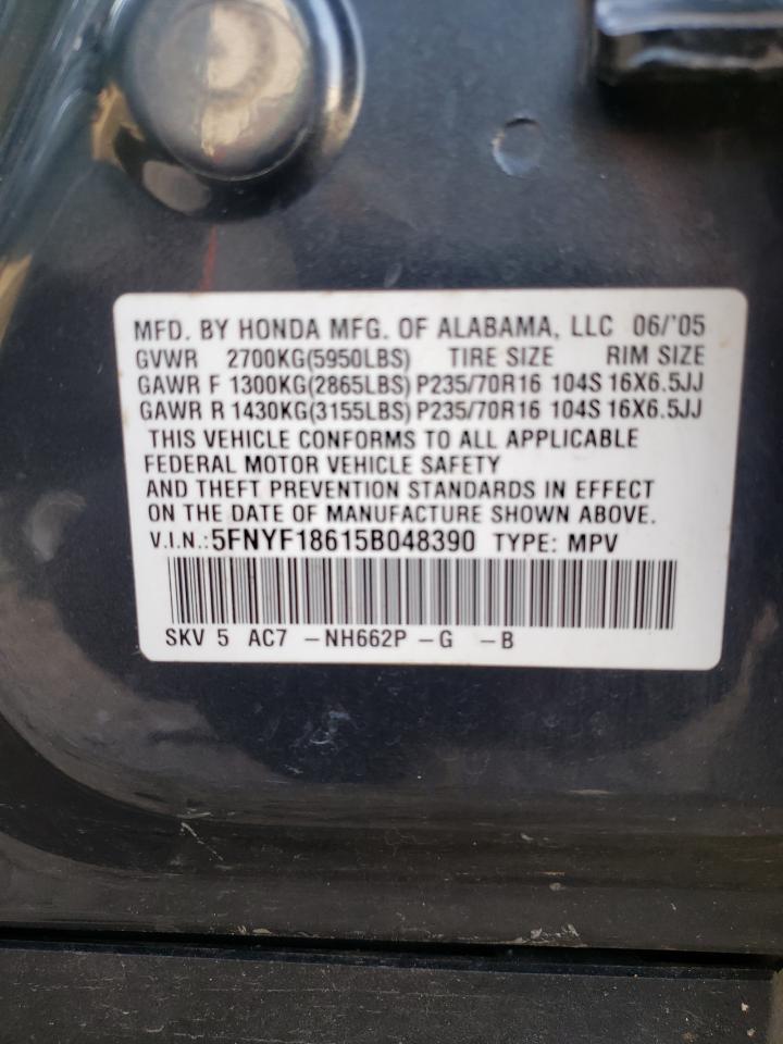 2005 Honda Pilot Exl VIN: 5FNYF18615B048390 Lot: 65507045