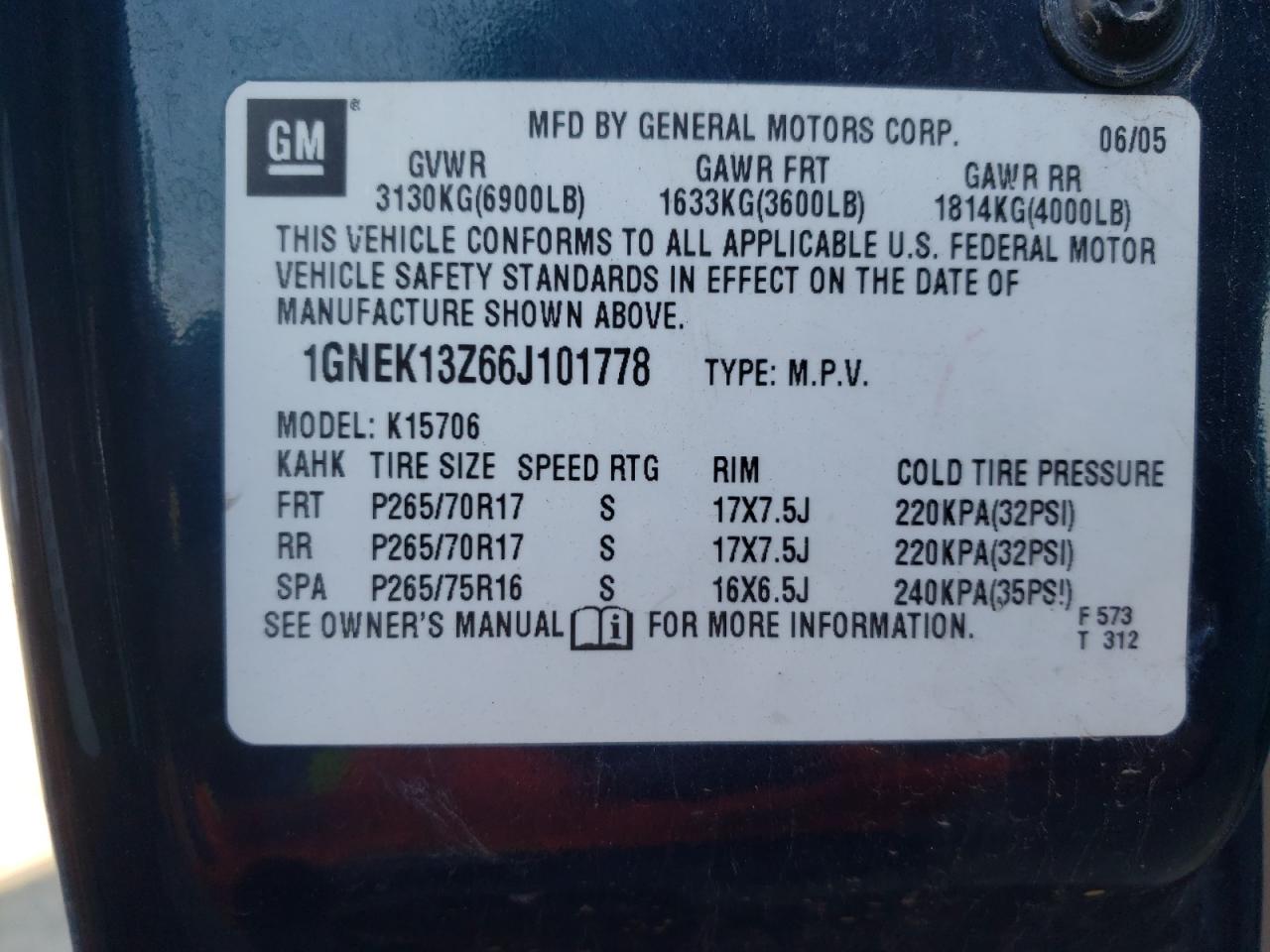 1GNEK13Z66J101778 2006 Chevrolet Tahoe K1500