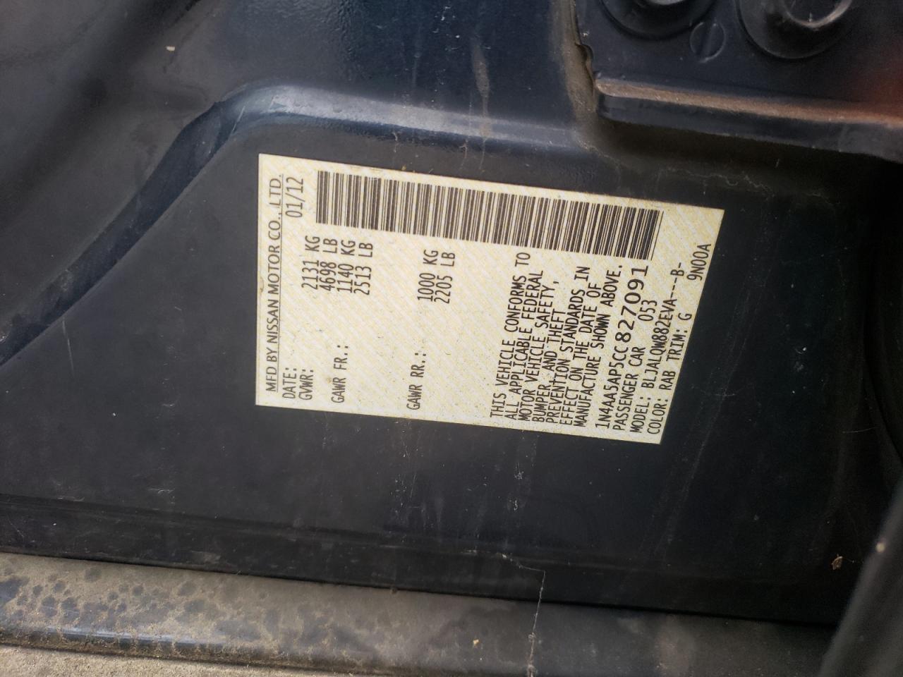 2012 Nissan Maxima S VIN: 1N4AA5AP5CC827091 Lot: 61476893