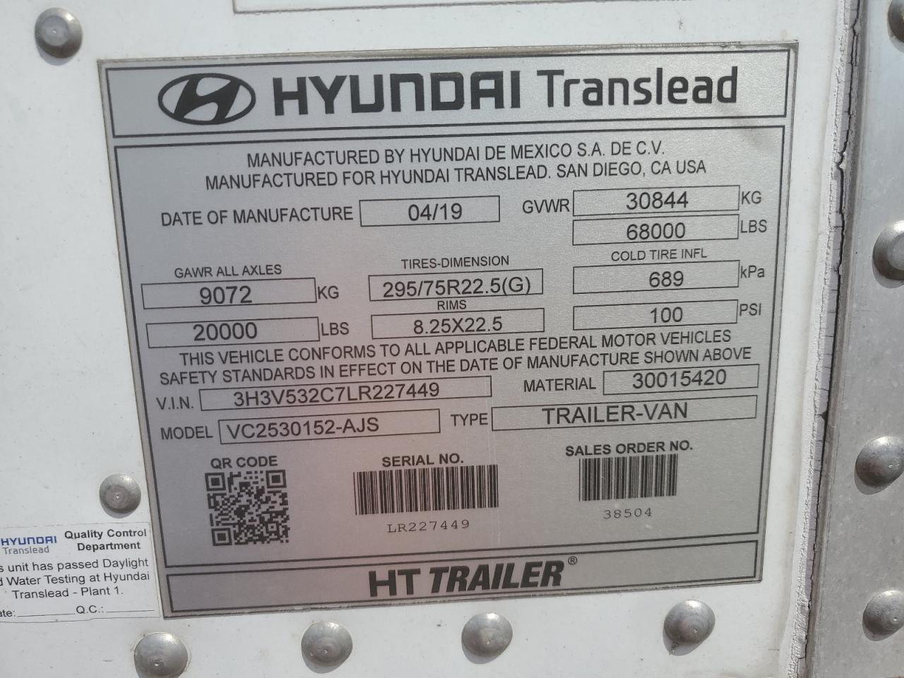 3H3V532C7LR227449 2020 Hyundai Translead