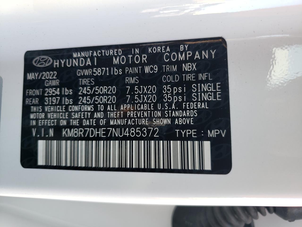 2022 Hyundai Palisade Calligraphy VIN: KM8R7DHE7NU485372 Lot: 61354583