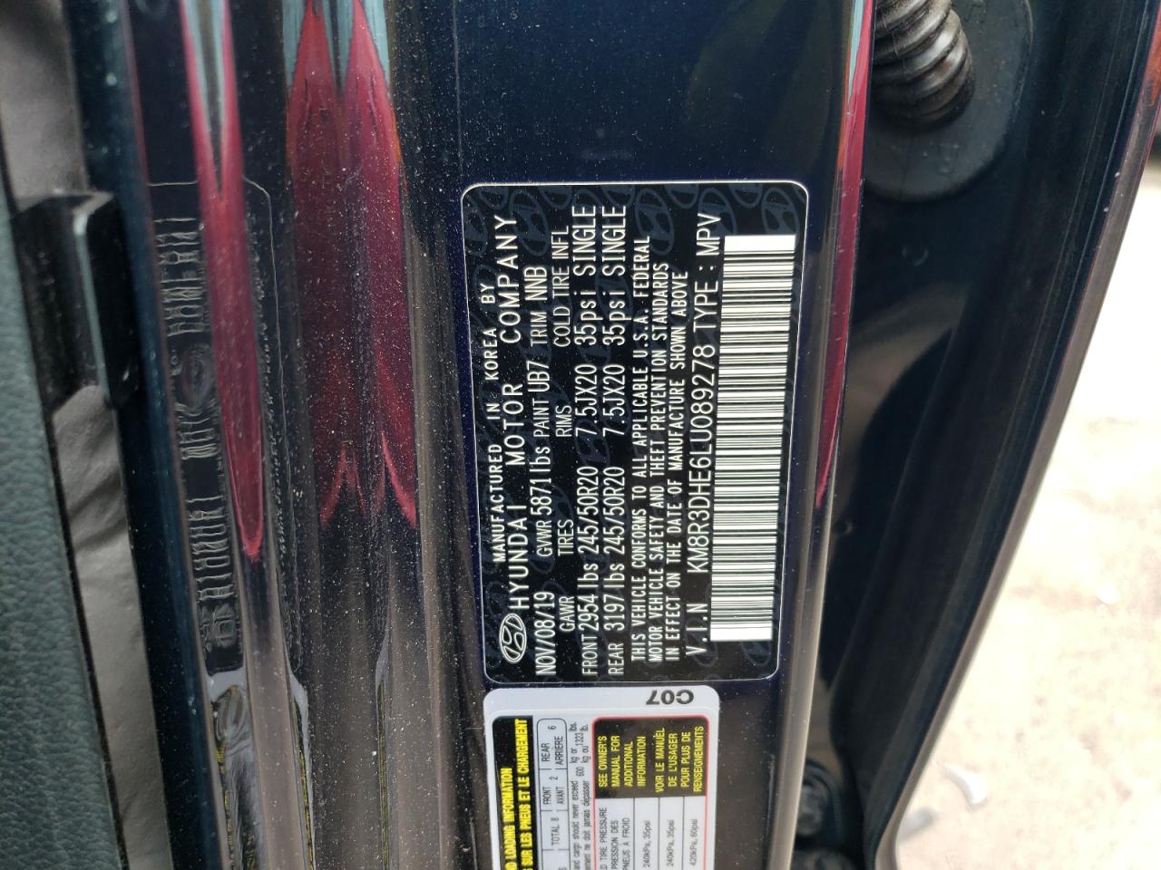 KM8R3DHE6LU089278 2020 Hyundai Palisade Sel