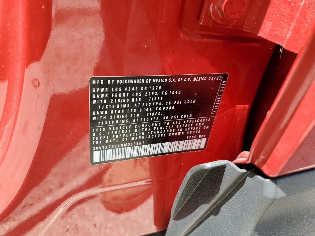 2022 Volkswagen Taos Se VIN: 3VVTX7B24NM063981 Lot: 57336743