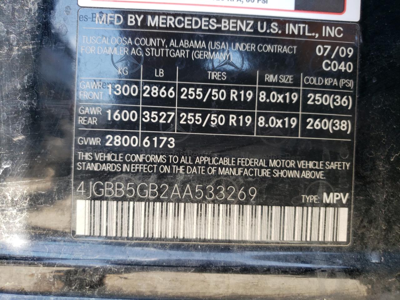 4JGBB5GB2AA533269 2010 Mercedes-Benz Ml 350