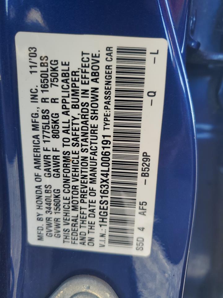 2004 Honda Civic Dx Vp VIN: 1HGES163X4L006191 Lot: 85702755