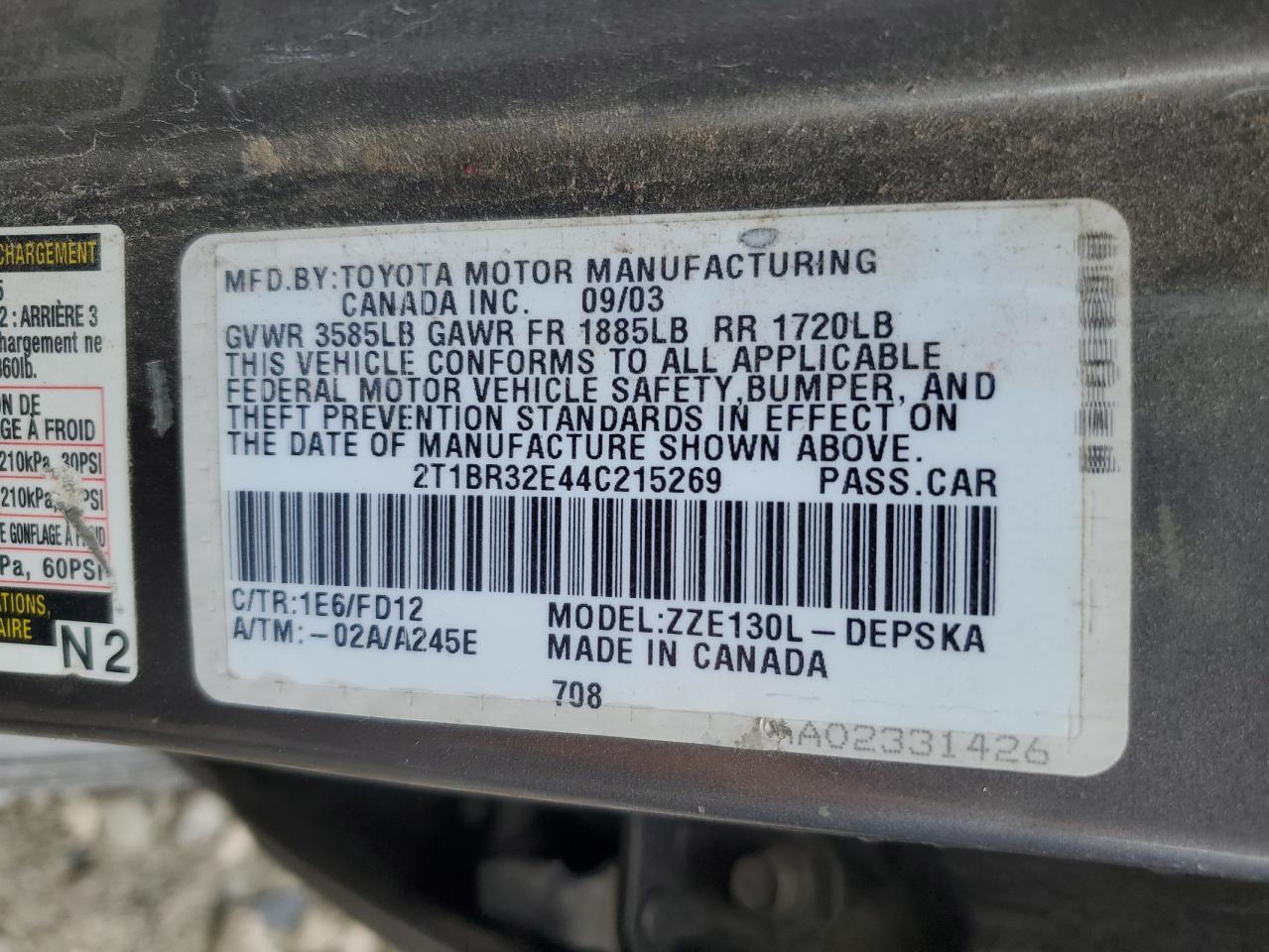 2004 Toyota Corolla Ce VIN: 2T1BR32E44C215269 Lot: 60245354