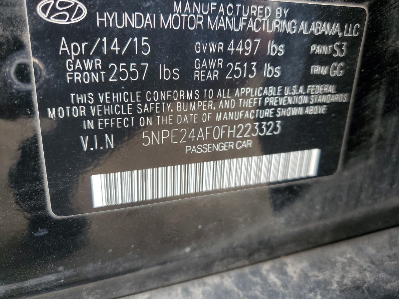 2015 Hyundai Sonata Se VIN: 5NPE24AF0FH223323 Lot: 62262314