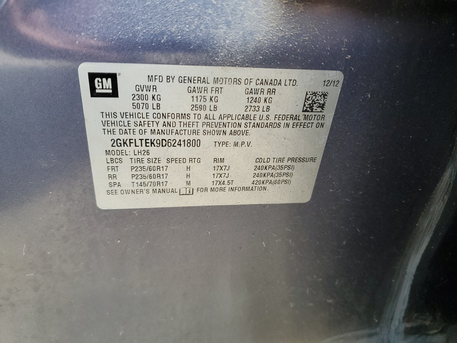 2GKFLTEK9D6241800 2013 GMC Terrain Sle