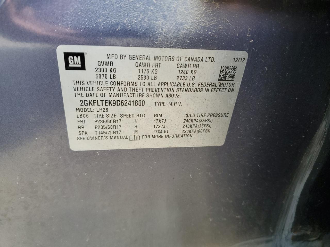 2013 GMC Terrain Sle VIN: 2GKFLTEK9D6241800 Lot: 64668404