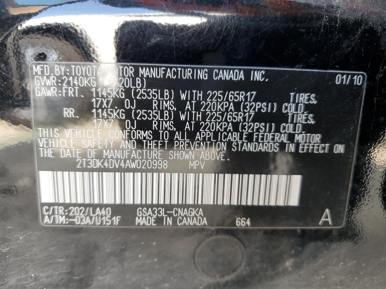 2T3DK4DV4AW020998 2010 Toyota Rav4 Limited