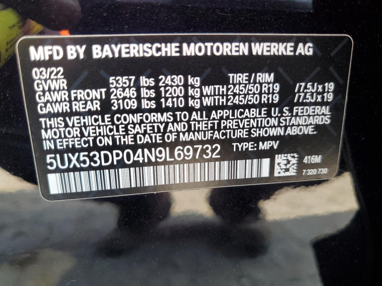 2022 BMW X3 xDrive30I VIN: 5UX53DP04N9L69732 Lot: 64475334